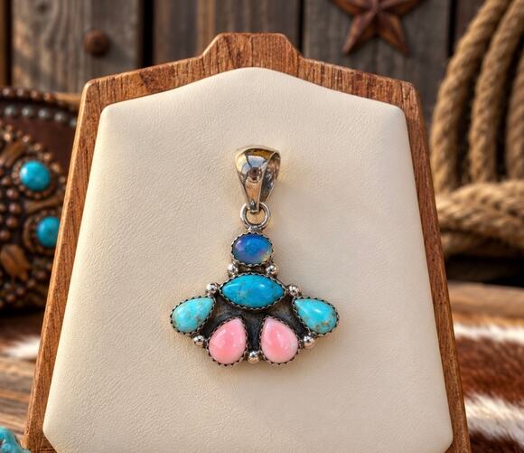 Cactus Rose Jewelry Jewelry - Kingman Turquoise Blue Opal & Pink Conch Pendant 925 Silver